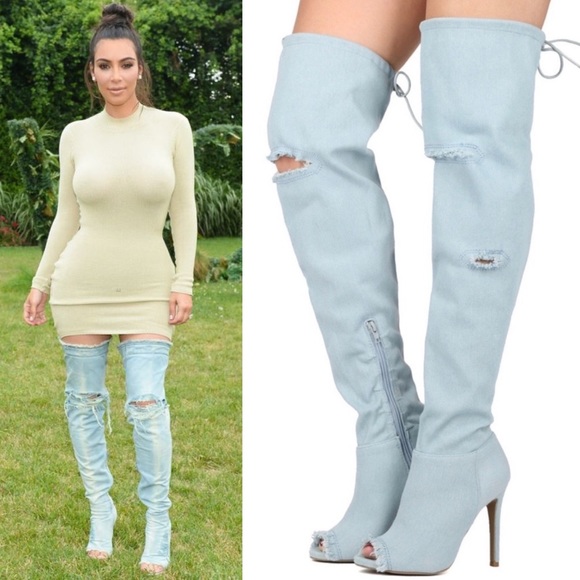 Wild Diva Shoes - 👖Frayed Light Denim Peep Toe Thigh Boots